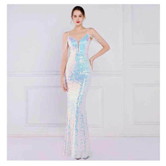 Formal White Silver Evening Gown Sequin Glitter Dress Off Shoulder Ball Gown - Picture 7 of 7